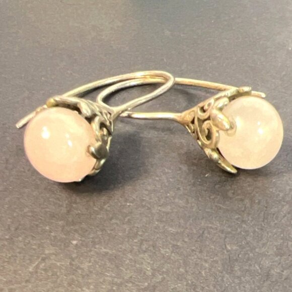 Vtg Sterling Silver Rose Quartz Drop Earrings 925 Filigree Teardrop Dangles Boho - Picture 2 of 11